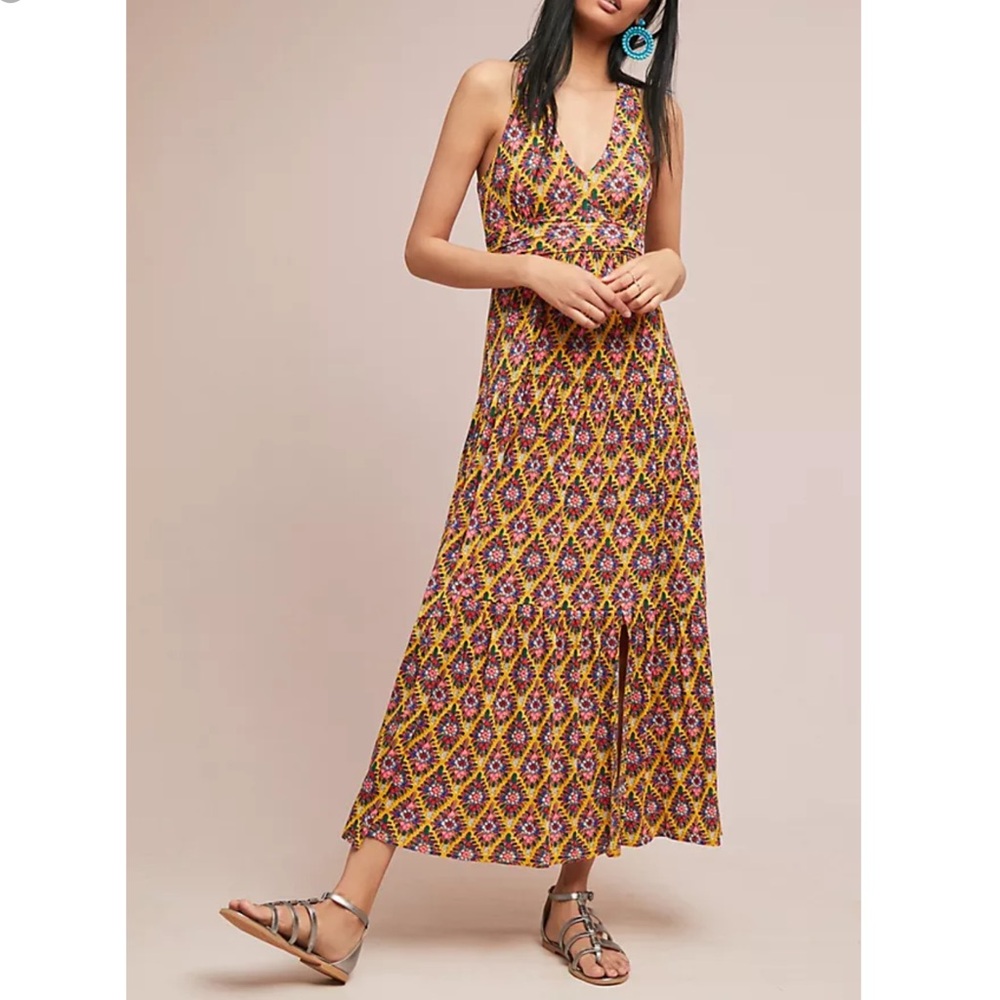 Anthropologie Maeve Luella Maxi Dress Size M Women Preppy Floral Stretch Slit
